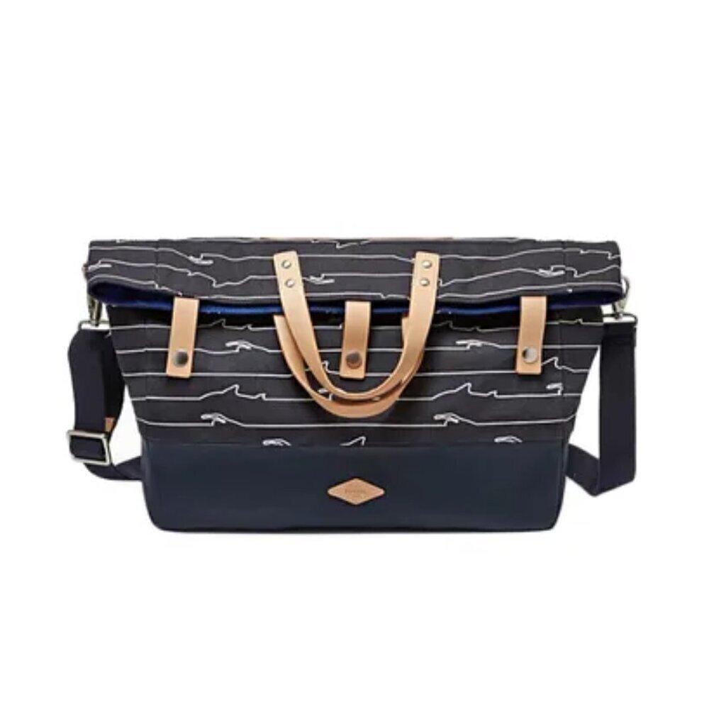 Fossil Navy Blue Print Gordon Large Foldover Tote Crossbody Beach Carryall Bag